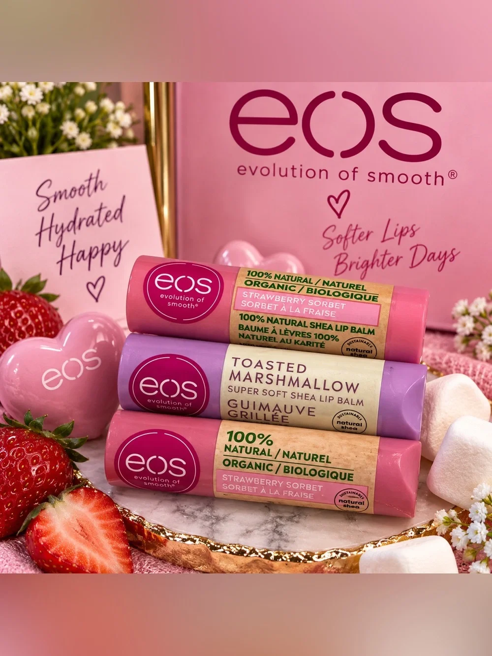 🍓✨ EOS Lip Balm Bundle – Strawberry Sorbet & Toasted Marshmallow – 3 Pack